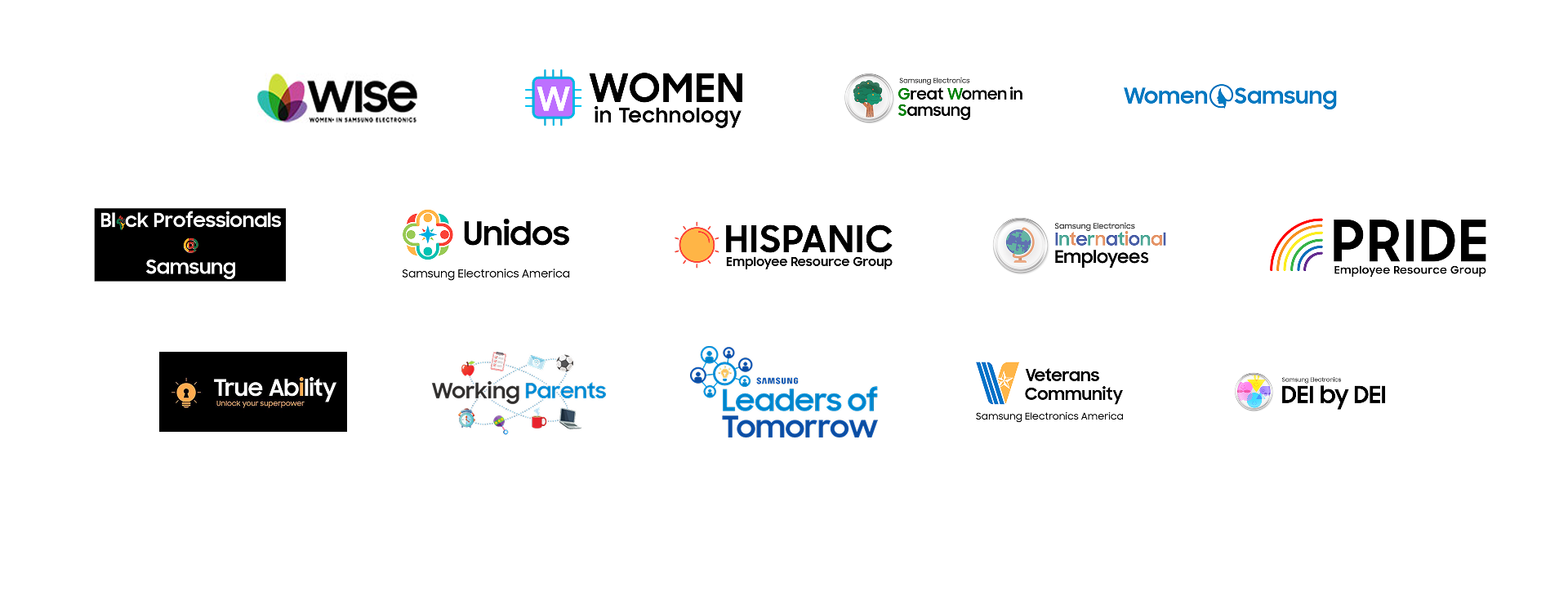 WISE (Women in Samsung Electronics), Women in Technology, Great Women in Samsung, Women @ Samsung, Black Professionals @ Samsung, Unidos at Samsung Electronics America, Hispanic Employee Resource Group, Samsung Electronics International Employees, PRIDE Employee Resource Group, True Ability, Working Parents, Samsung Leaders of Tomorrow, Veterans Community at Samsung Electronics America, and DEI by DEI