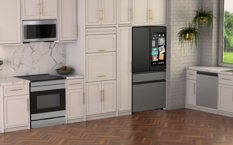 Bespoke Microwave, Induction Range, 4-Door Flex™ Refrigerator and Dishwasher in White Glass in a kitchen with tan cabinets.